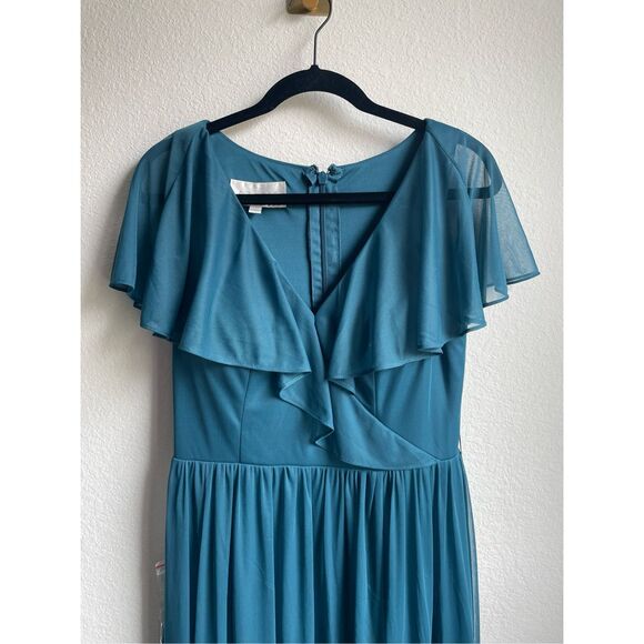 Bridesmaid Ruffle Maxi Dress Azazie Women A12 Teal Blue Formal Romantic Wedding - Picture 2 of 12